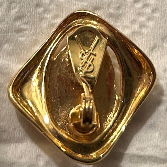 RARE Vtg Yves Saint Laurent Gold Tone Red Glass Clip On Earrings - Picture 3 of 3